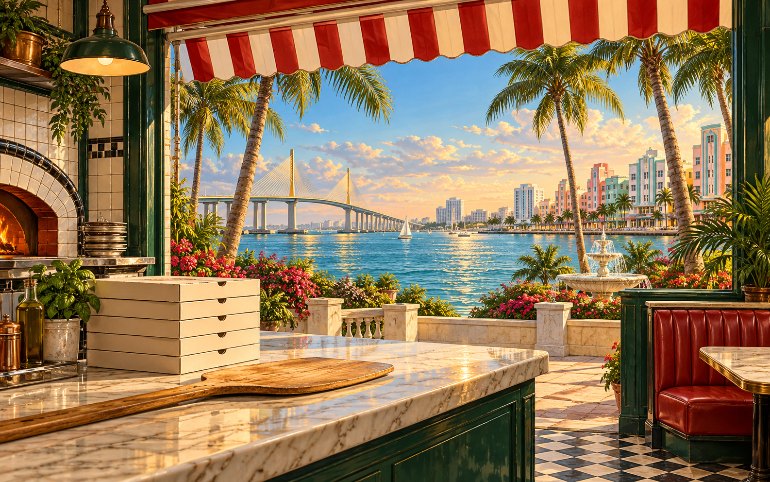 An illustrated Manhattan-style pizza counter opening onto Florida palms, turquoise water, the Sunshine Skyway and Miami Art Deco buildings.